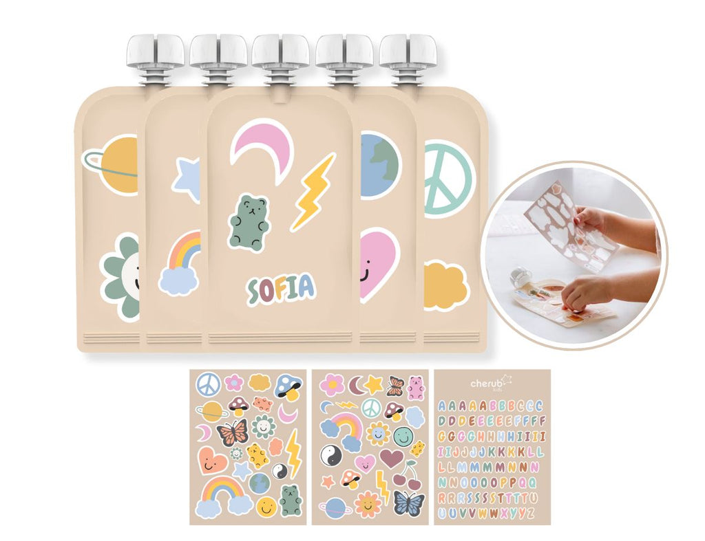 Sticker Set Reusable Food Pouches 150ml 5PK with 130+ Letter/Picture Stickers | Retro Rainbow