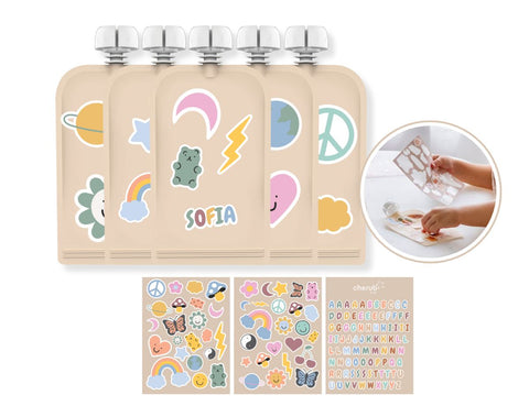 Sticker Set Reusable Food Pouches 150ml 5PK with 130+ Letter/Picture Stickers | Retro Rainbow