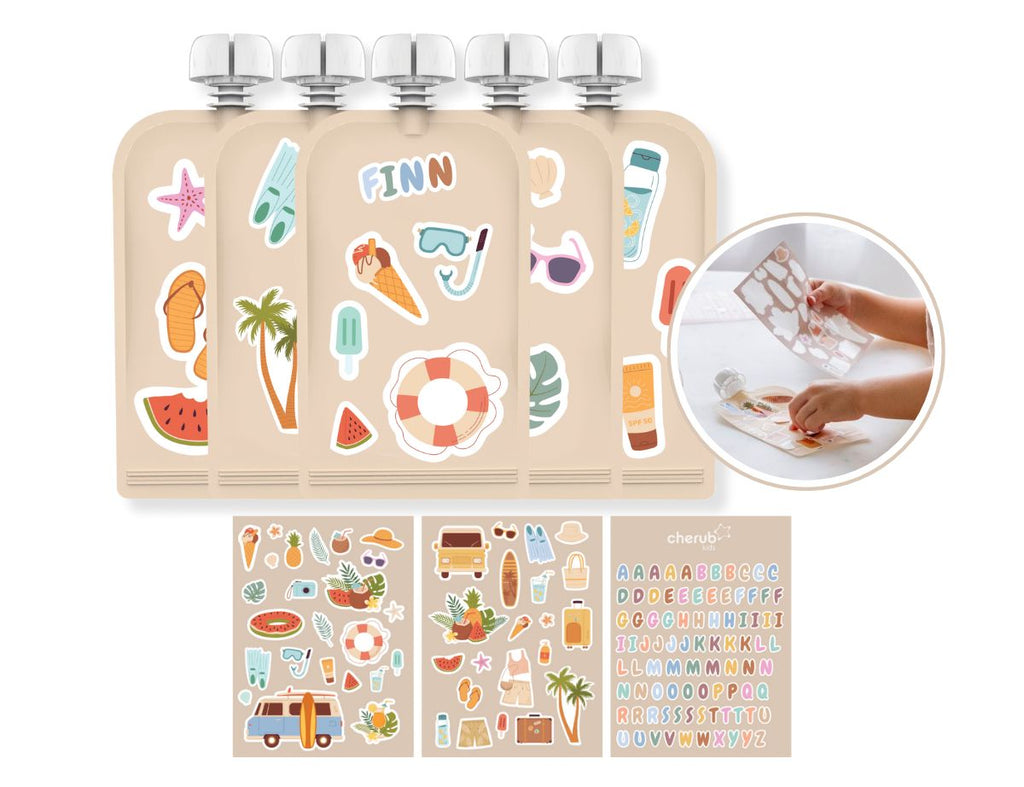 Sticker Set Reusable Food Pouches 150ml 5PK with 130+ Letter/Picture Stickers |Summer Vibes