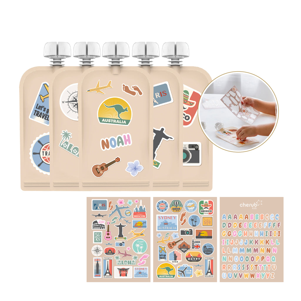 Sticker Set Reusable Food Pouches 150ml 5PK with 130+ Letter/Picture Stickers |Big Explorer