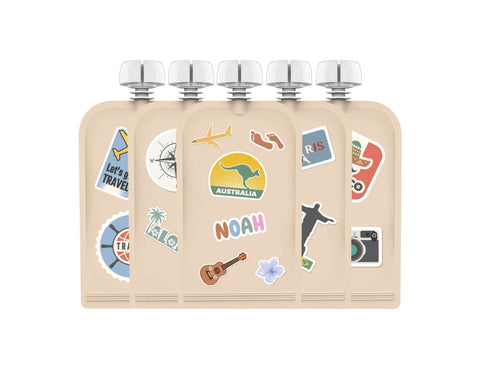 Sticker Set Reusable Food Pouches 150ml 5PK with 130+ Letter/Picture Stickers |Big Explorer