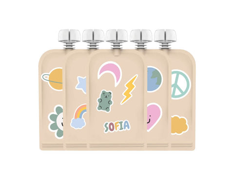 Sticker Set Reusable Food Pouches 150ml 5PK with 130+ Letter/Picture Stickers | Retro Rainbow