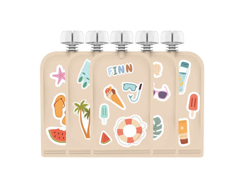 Sticker Set Reusable Food Pouches 150ml 5PK with 130+ Letter/Picture Stickers |Summer Vibes