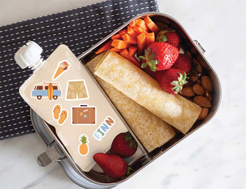 Sticker Set Reusable Food Pouches 150ml 5PK with 130+ Letter/Picture Stickers |Summer Vibes
