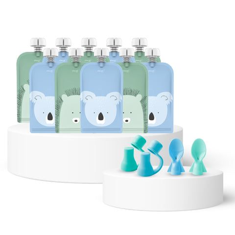 Reusable Baby Food Pouches, Yoghurt Pouches 120ml Animal Cerulean & Sage 10PK + Food Pouch Spoons 2PK (BLUE & GREEN) +  Food Pouch Spouts 2PK (BLUE & GREEN)