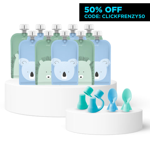 Reusable Baby Food Pouches, Yoghurt Pouches 120ml Animal Cerulean & Sage 10PK + Food Pouch Spoons 2PK (BLUE & GREEN) +  Food Pouch Spouts 2PK (BLUE & GREEN)