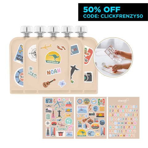 Sticker Set Reusable Food Pouches 150ml 5PK with 130+ Letter/Picture Stickers |Big Explorer