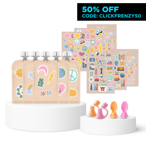 Sticker Set Reusable Food Pouches 150ml 5PK with 130+ Letter/Picture Stickers | Retro Rainbow Food Pouch Spoons 2PK (PINK  & ORANGE) + Universal Food Pouch Spouts  2pk (PINK  & ORANGE)
