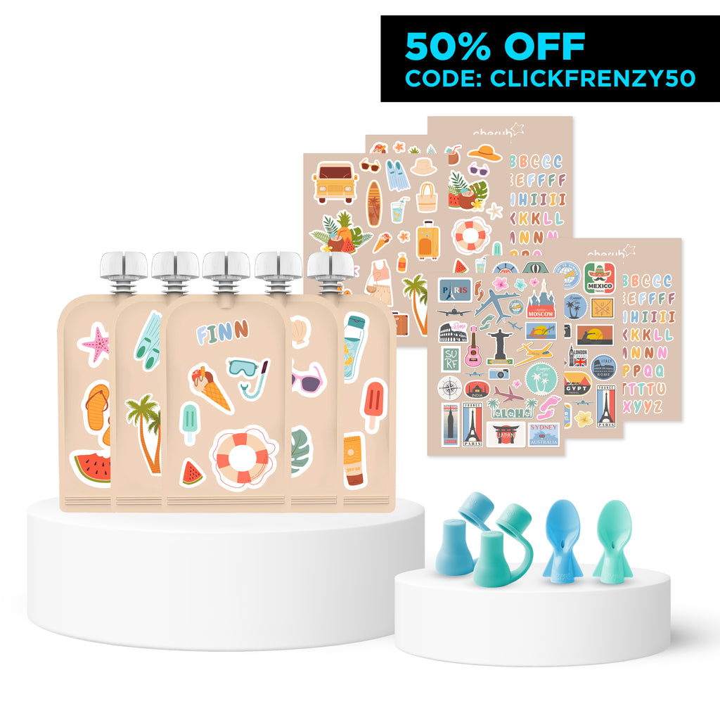 Sticker Set Reusable Food Pouches 150ml 5PK with 130+ Letter/Picture Stickers |Summer Vibes  Food Pouch Spoons 2PK (BLUE & GREEN) +  Food Pouch Spouts 2pk (BLUE & GREEN)