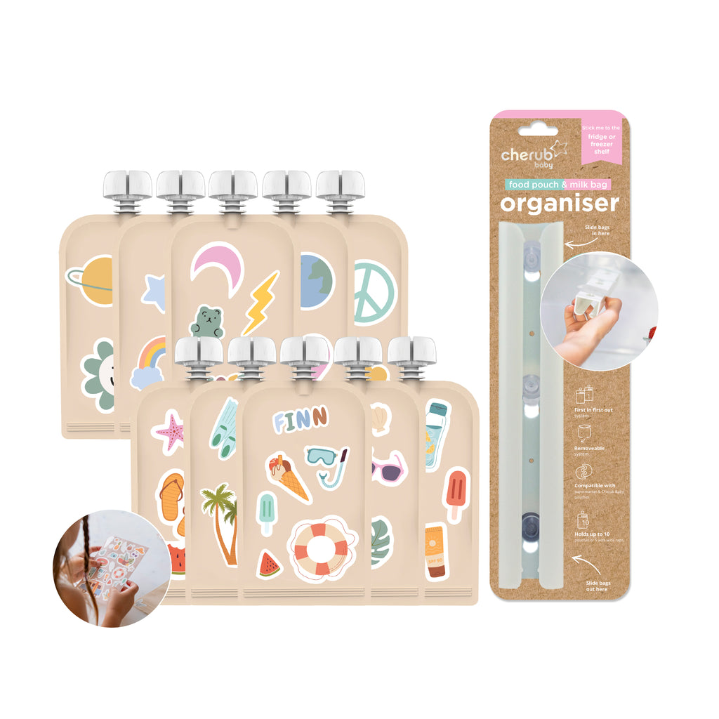 Reusable Sticker Food Pouches 10pk 150ml + Organiser | Sticker Set Summer Vibes & Retro Rainbow