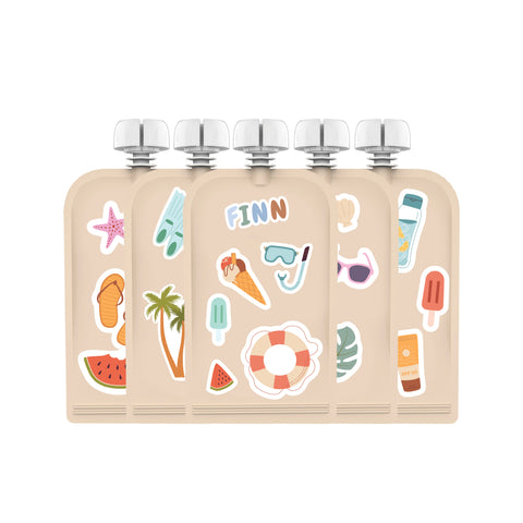 Reusable Sticker Food Pouches 10pk 150ml + Organiser |Summer Vibes & Big Explorer